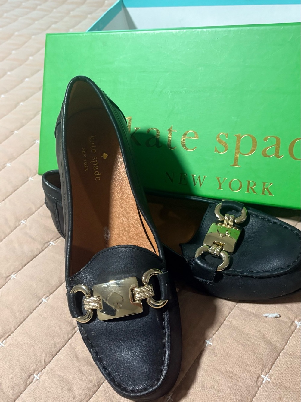 kate spade Black Leather Loafers with Gold Buckle Accent